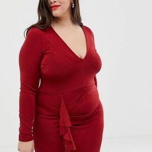 22 • ASOS Curve • Plunge Mini Long Sleeve Dress with Ruffle Detail